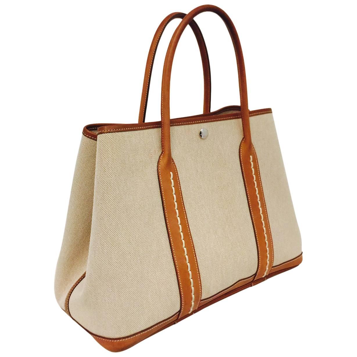 2014 Hermès Garden Party Stitch Ecru/Beige Toile Fauve Barenia 36cm PHW
