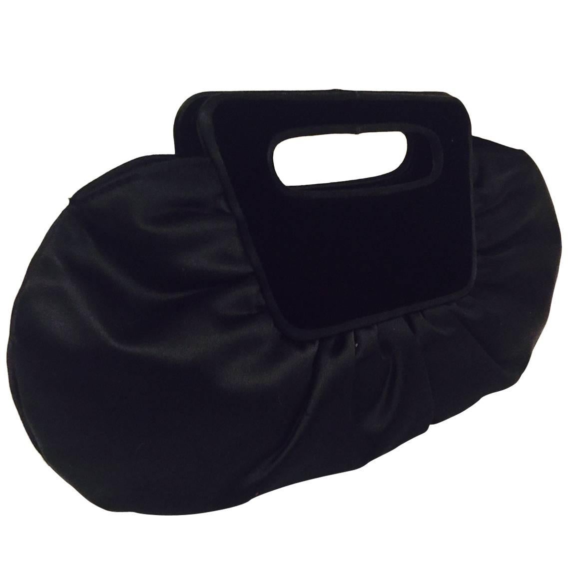 Chistian Louboutin Black Satin and Velvet Gathered Evening Bag  For Sale