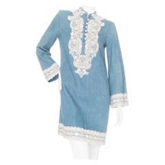 Gucci - Vestito a tunica in cotone-lino blu e pizzo