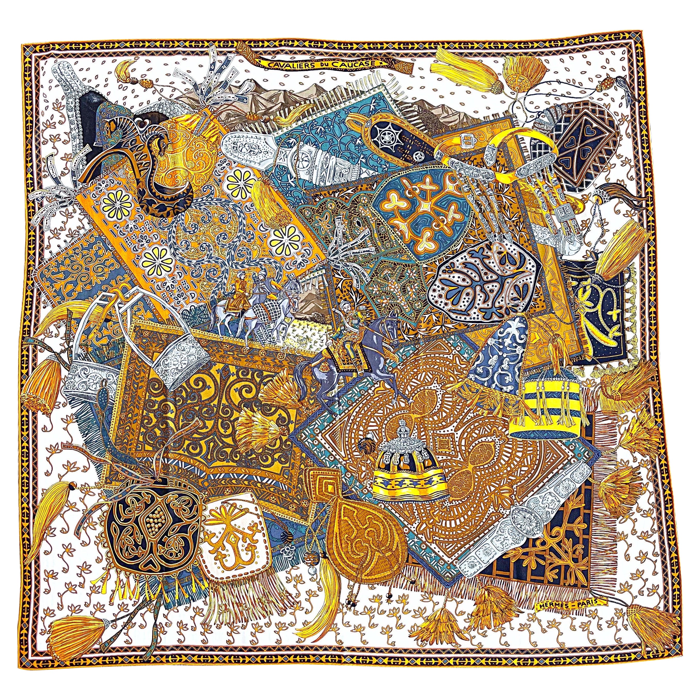New Hermes Cavaliers du Caucase Huge 140cm Cashmere and Silk Shawl Scarf Throw For Sale