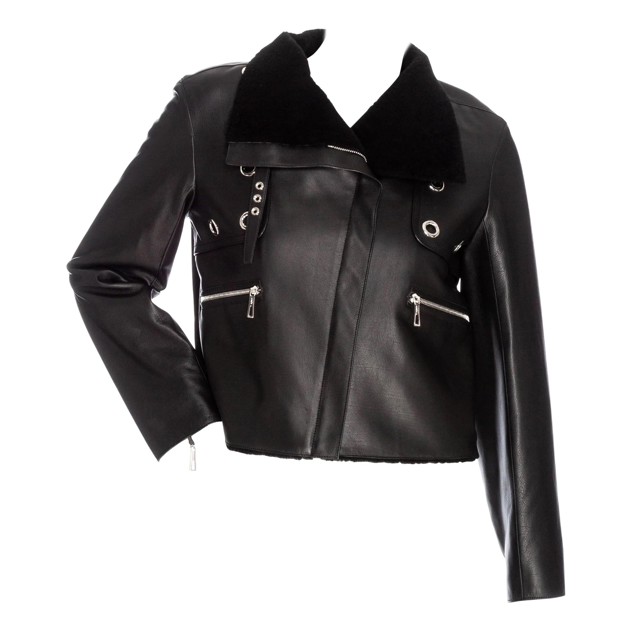 Hermès Black Leather Shearling-Lined Cropped Biker Jacket For Sale