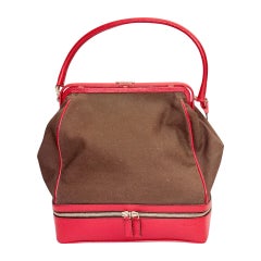 Prada red leather and brown canvas handbag
