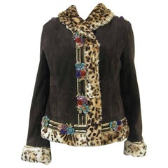 Blumarine Brown Suede Embellished Jacket Faux Leopard Doublé