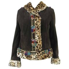 Blumarine Brown Suede Embellished Jacket Faux Leopard Lined 8