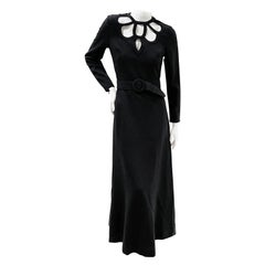 Louis Feraud, robe longue noire vintage à découpes en laine mélangée, 1974