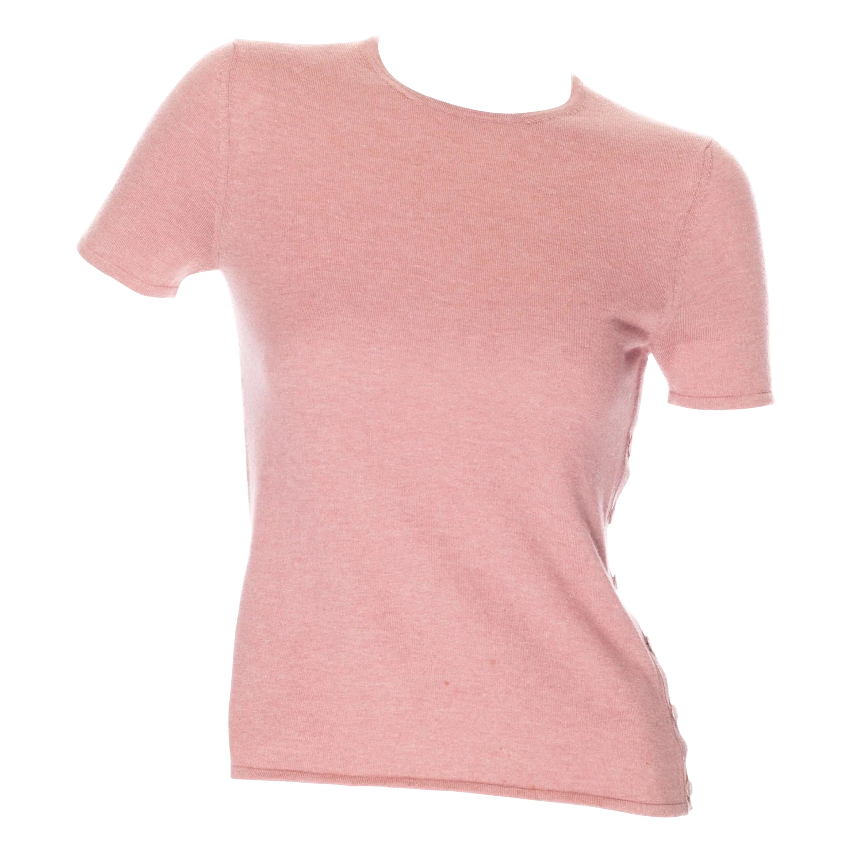 Hermès Dusty Pink Cashmere Crewneck Button-Detail Short Sleeve Tee