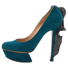 Nicholas Kirkwood Teal Blue/Black Suede and Ruffle Fabric Platform Pumps Size 37
