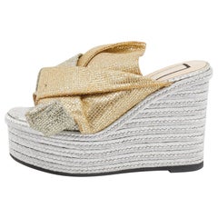 N21 Silver Glitter Fabric Raso Knot Espadrille Platform Wedge Sandals Size 35.5