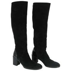 Chanel Tall Black Suede and Leather Block Heel Boots 2