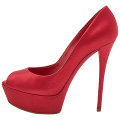 Casadei Red Satin Peep Toe Platform Pumps Size 37.5