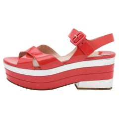 Miu Miu Coral Red Patent Leather Wedge Platform Ankle Strap Sandals Size 40