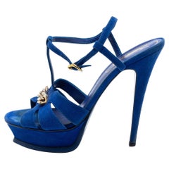 Yves Saint Laurent Navy Blue Suede Chain Detail Platform Sandals Size 39.5