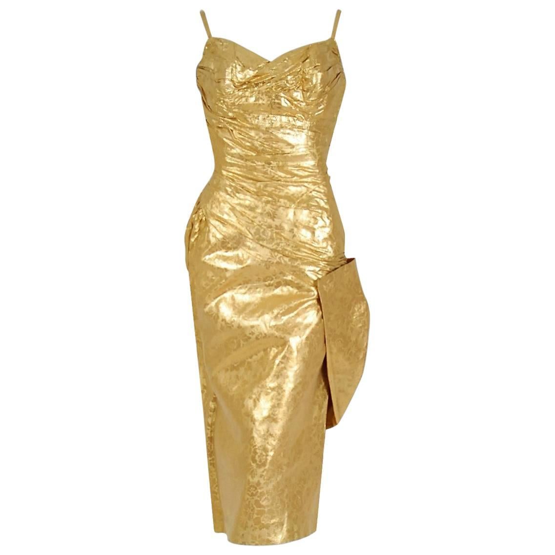 1950's Beaumelle Metallic-Gold Ruched Lame Silk Sculpted Bow Cocktail Dress