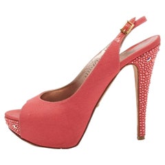 Gina Coral Pink Canvas Crystal Embellished Open Toe Slingback Pumps Size 39.5