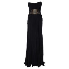 Roberto Cavalli Vestido sin tirantes de crepé de seda negro con adornos y detalle de corsé M