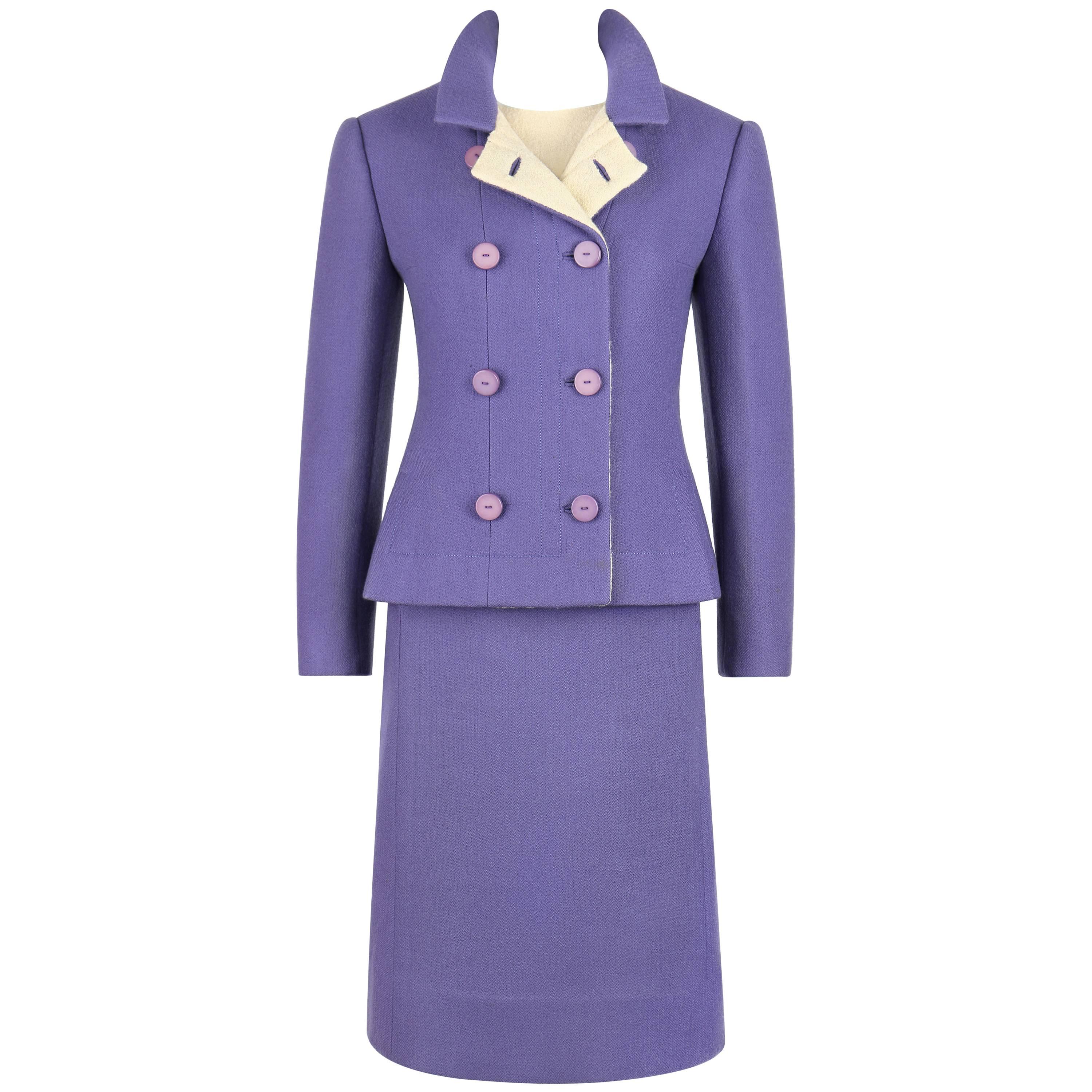 JEANNE LANVIN c.1960's 3 Piece Purple & Ivory Wool Blazer Tank Top Skirt Suit