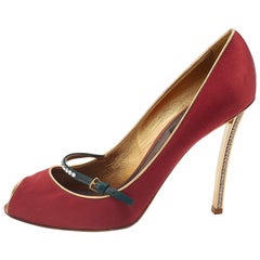 Louis Vuitton Red Satin Crystal Embellished Mary Jane Peep Toe Pumps Size 38.5