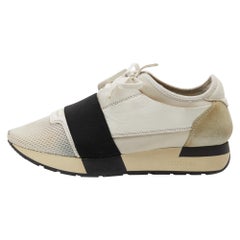 Balenciaga White/Black Leather and Mesh Race Runner Low Top Sneakers Size 37