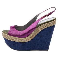 Sergio Rossi Purple Fabric Open Toe Wedge Platform Slingback Sandals Size 41