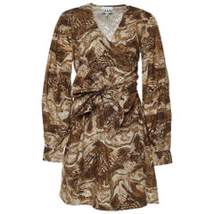 Ganni Brown Abstract Print Poplin Wrap Dress S