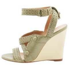 Balenciaga Green Brogue Leather Strappy Wedge Sandals Size 36