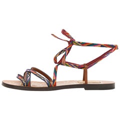 Valentino Multicolor Fabric Ankle Wrap Flat Sandals Size 36.5