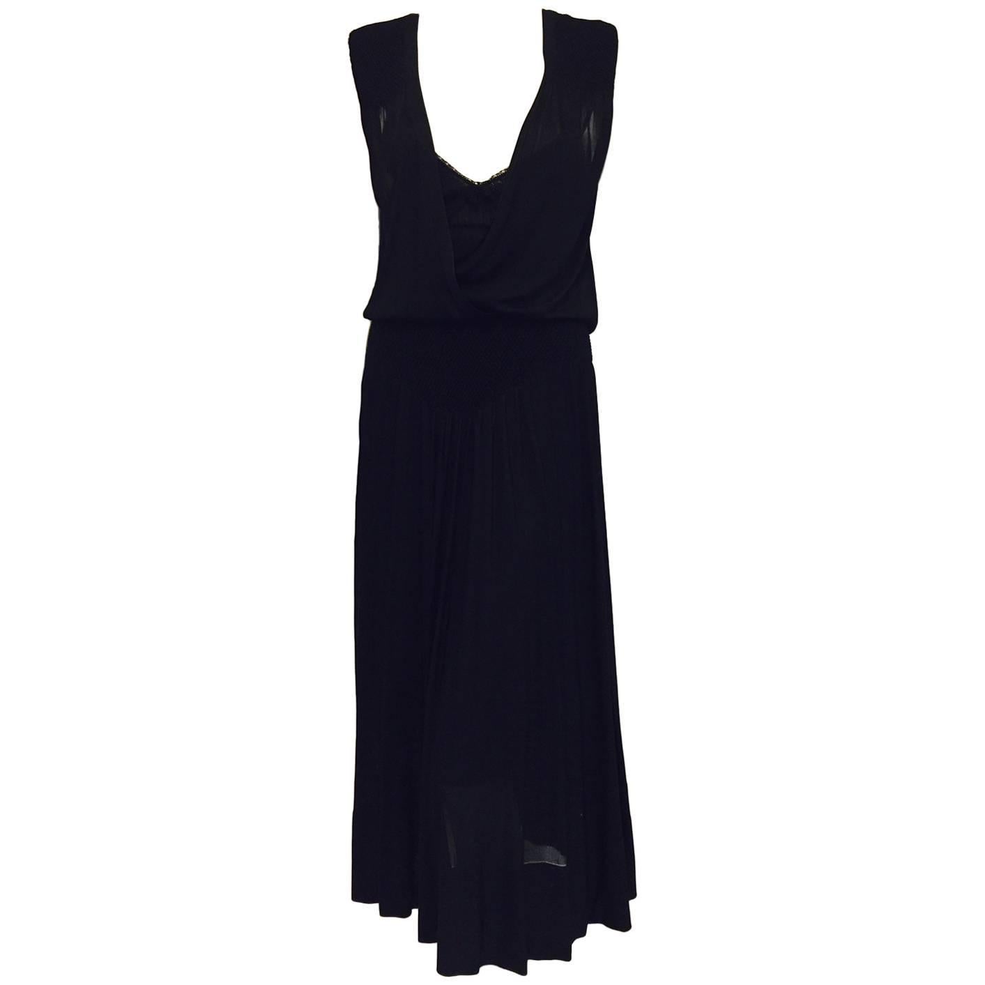 Chanel Black Viscose Stretch Dress With Surplice Front and Full Longer Skirt 