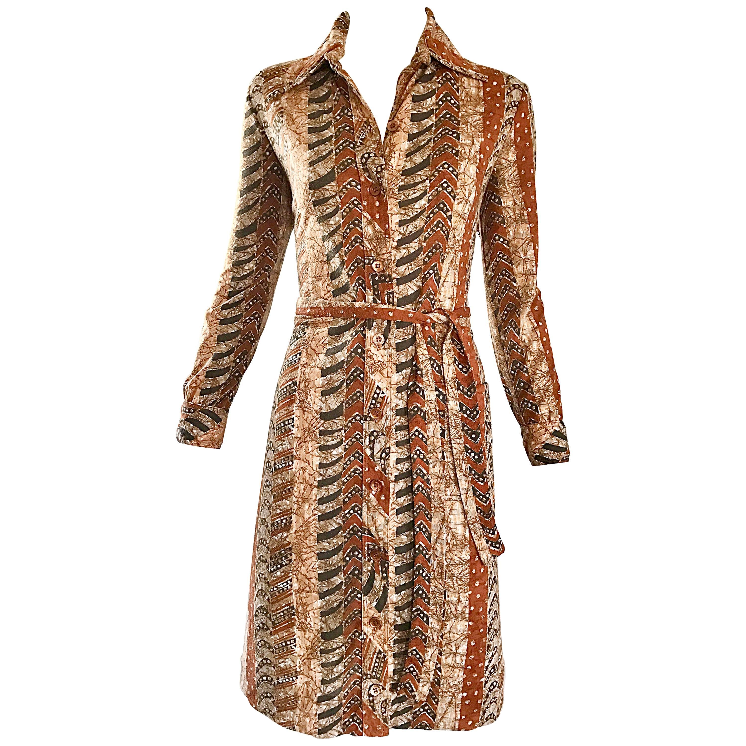 Bonwit Teller 1970s Batik Print Belted Cotton 70s Vintage Brown Safari Dress 