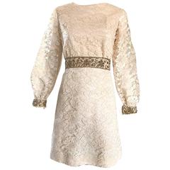 1960s Ivory and Gold Lace + Sequins Mod Vintage A - Line 60s Babydoll Dress 3