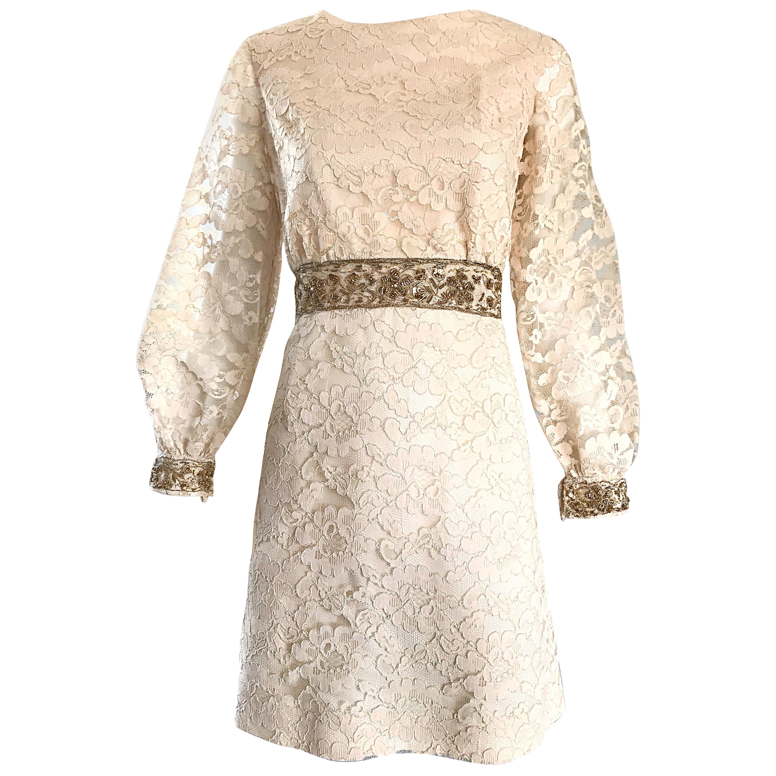 1960s Ivory and Gold Lace + Sequins Mod Vintage A - Line 60s Babydoll Dress For Sale