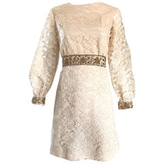 1960s Ivory and Gold Lace + Sequins Mod Vintage A - Line 60s Babydoll Dress