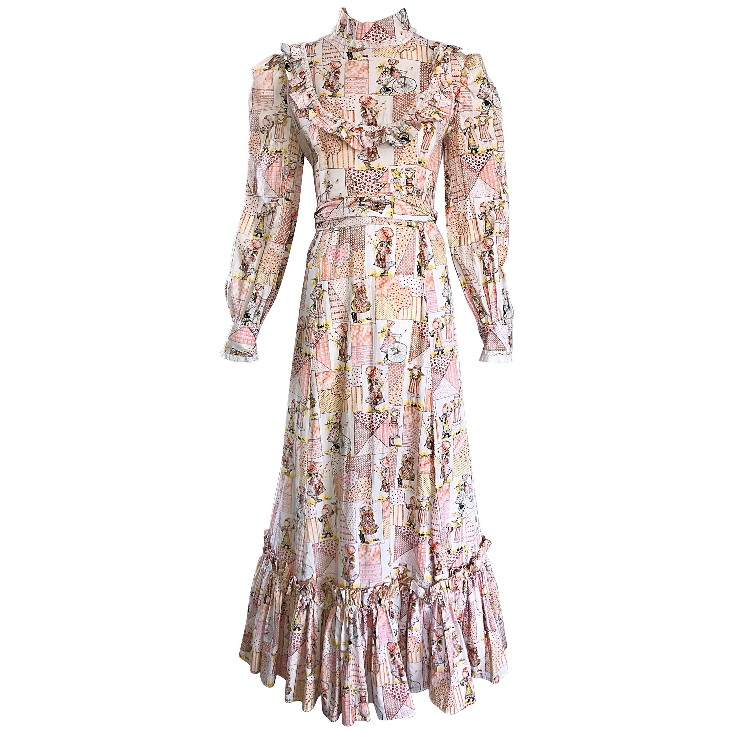 1970s Holly Hobbie Novelty Print Victorian Inspired Cotton Vintage Maxi Dress