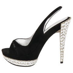 Casadei Black Suede Crystals Embellished Slingback Pumps Size 37.5