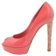 Dior Pink Patent Leather Cannage Heel Peep Toe Platform Pumps Size 38