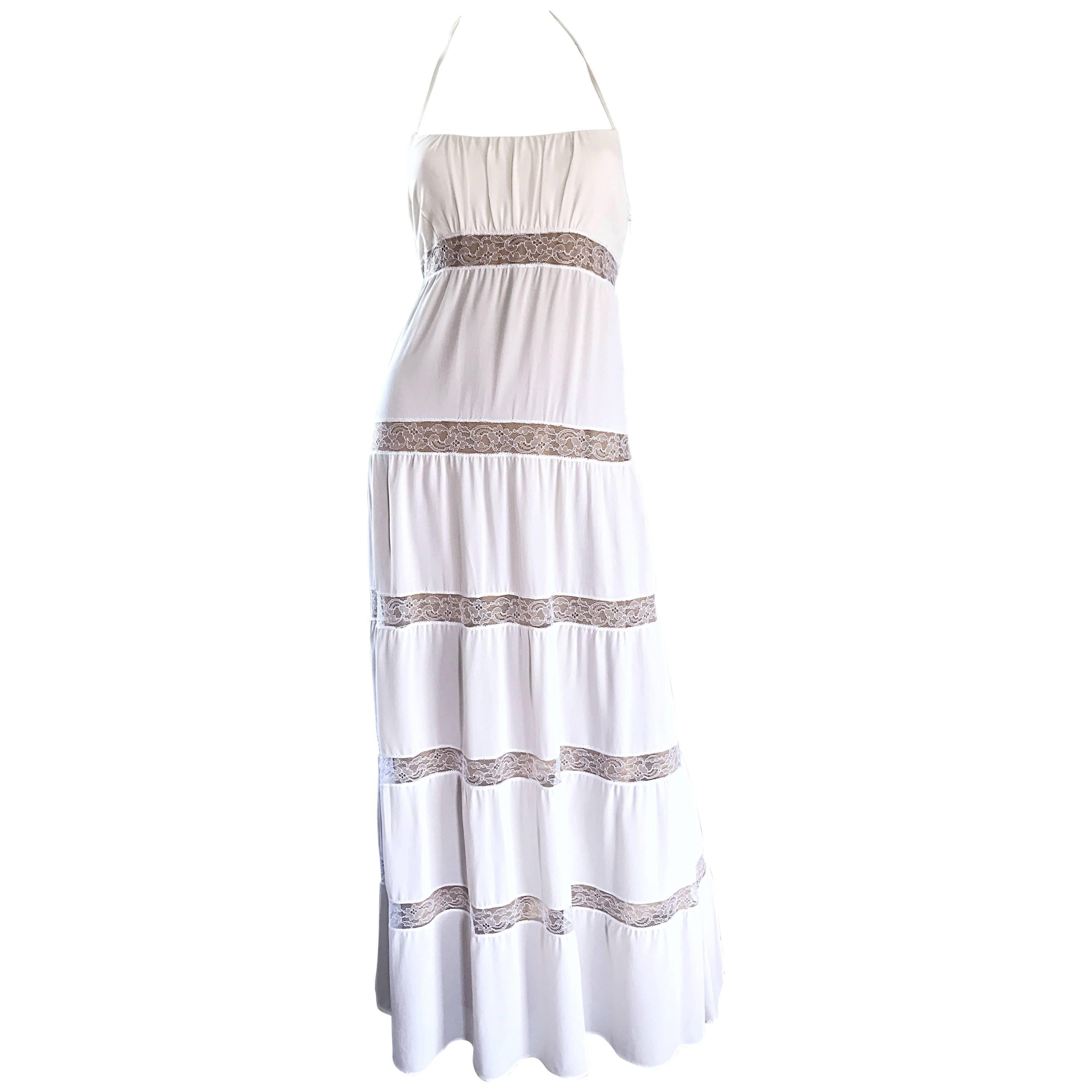 Michael Kors Collection White and Nude Silk + Lace Boho Halter Maxi Dress / Gown For Sale