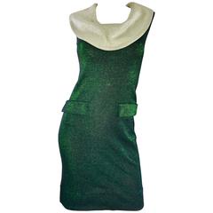 Chic 1960s Metallic Hunter Green + Mint Cowl Neck Vintage 60s Mod Shift Dress 7