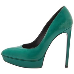 Saint Laurent Green Leather Classic Janis Platform Pumps Size 38