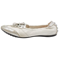Tod's White/Silver Leather Gomma Lace Up Ballet Flats Size 40.5