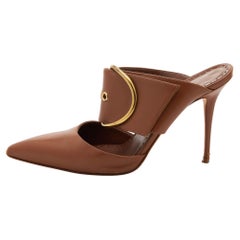 Manolo Blahnik Brown Leather Buckle Detail Pointed Toe Mules Size 36