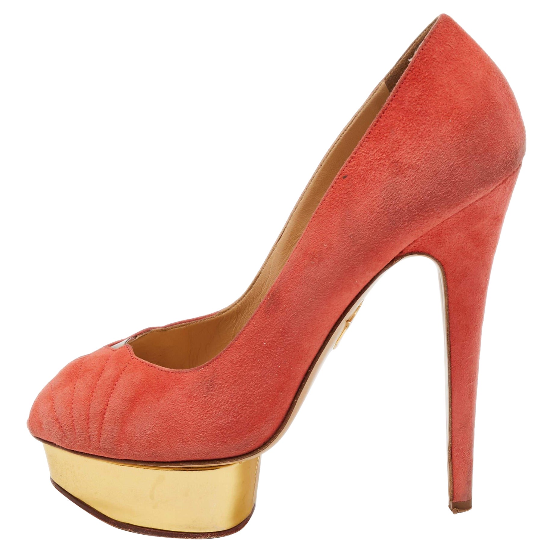 Charlotte Olympia Coral Pink Suede Peep Toe Platform Pumps Size 41 For Sale