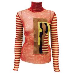 Iconic Jean Paul Gaultier Stretch Mesh Multi-Pattern Long Sleeve Turtleneck 