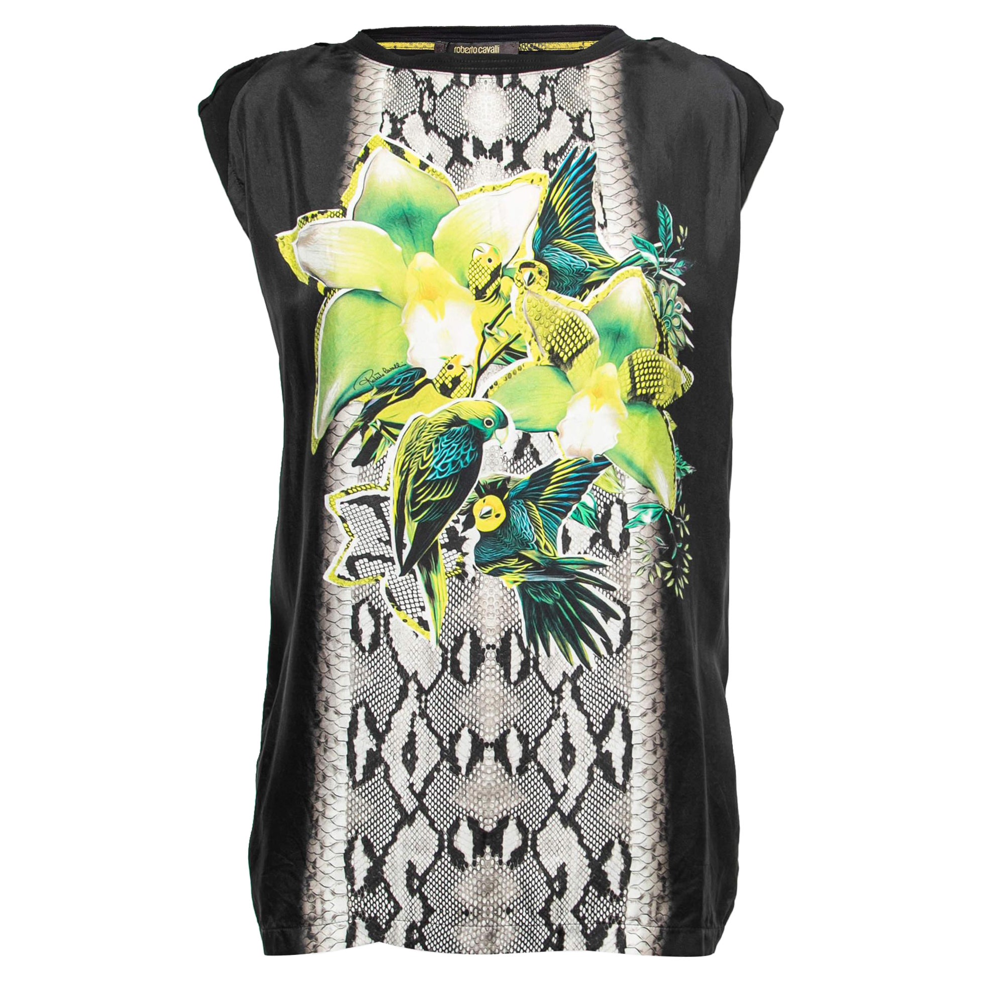 Roberto Cavalli Black Jersey Parrot Printed Top M For Sale
