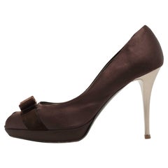 Salvatore Ferragamo Brown Satin Vara Bow Peep Toe Pumps Size 40
