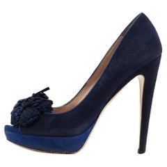 Miu Miu Blue Suede Peep Toe Platform Pumps Size 37.5