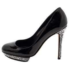 Gina Black Patent Leather Crystal Embellished Heel Platform Pumps Size 37.5