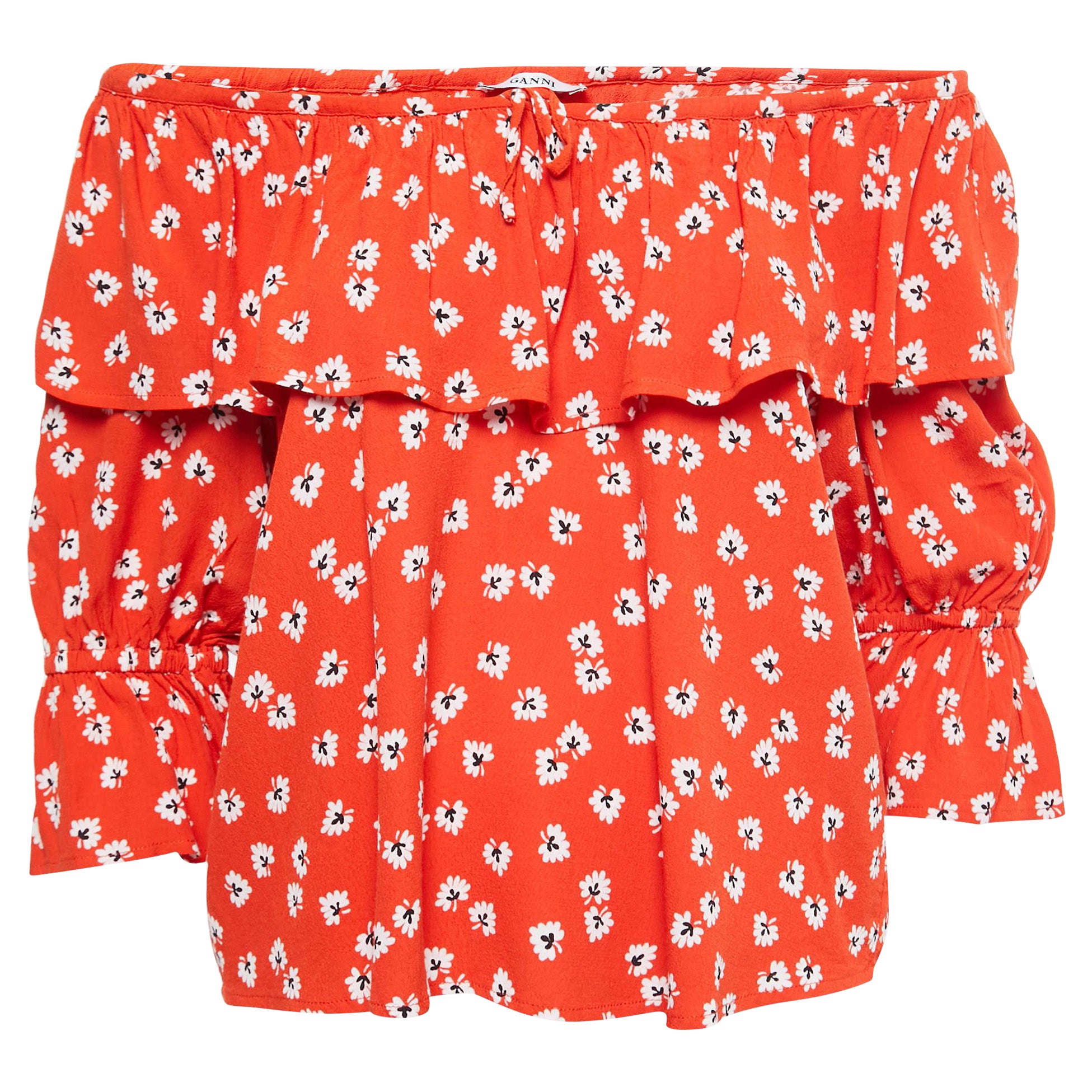Ganni Orange Floral Printed Crepe Ruffled Top S For Sale