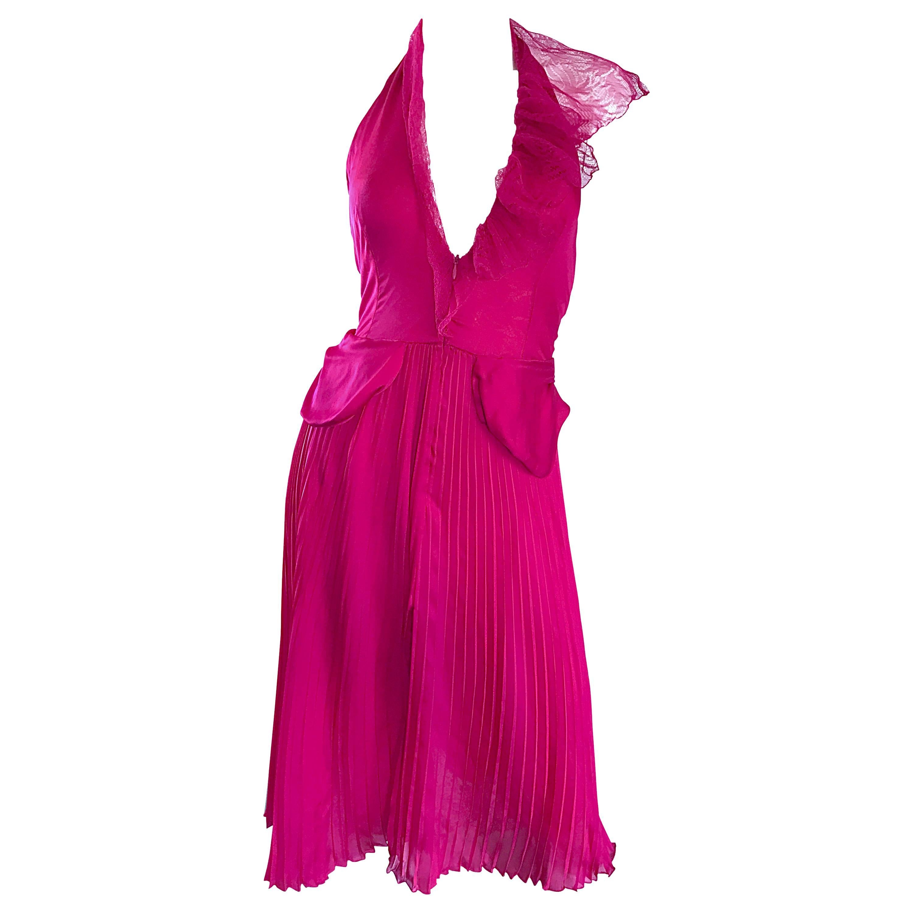 1990s Gianni Versace Couture Hot Pink Fuchsia Silk Vintage 90s Halter Dress 