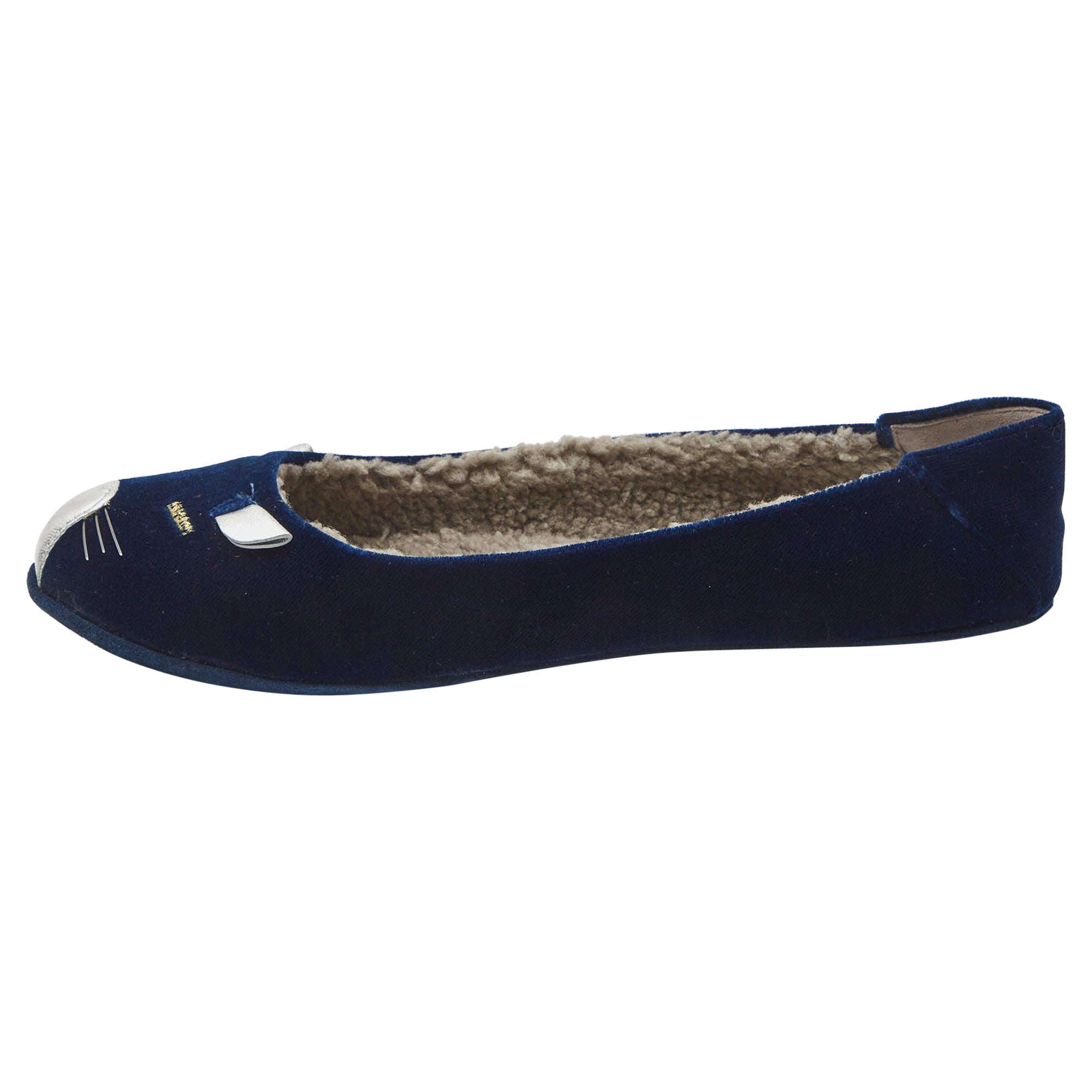 Marc by Marc Jacobs Navy Blue Velvet and Leather Cat Ballet Flats Size 36.5 For Sale
