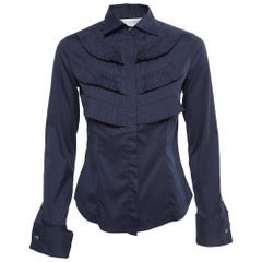 Max Mara Dark Blue Stretch Cotton Pleated Shirt XS