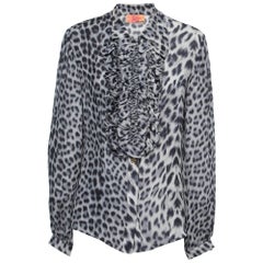 Roberto Cavalli Blue Animal Printed Ruffled Blouse M